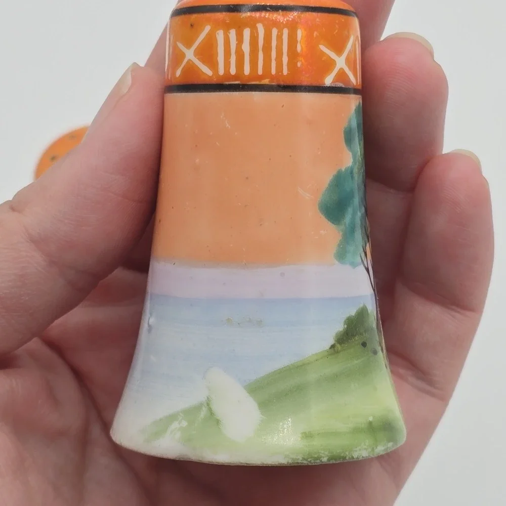 Vintage Noritake Handpainted Salt Pepper Shaker Japan Lusterware Tree Lake Scene